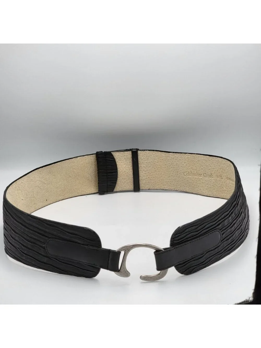 Black Embossed Leather Belt With Silver-Tone Horseshoe Buckle Adjustable Design